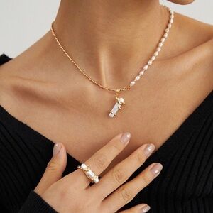 NEW Baroque Pearl Sterling Silver 18k REAL gold plated Necklace Ring Jewelry Set